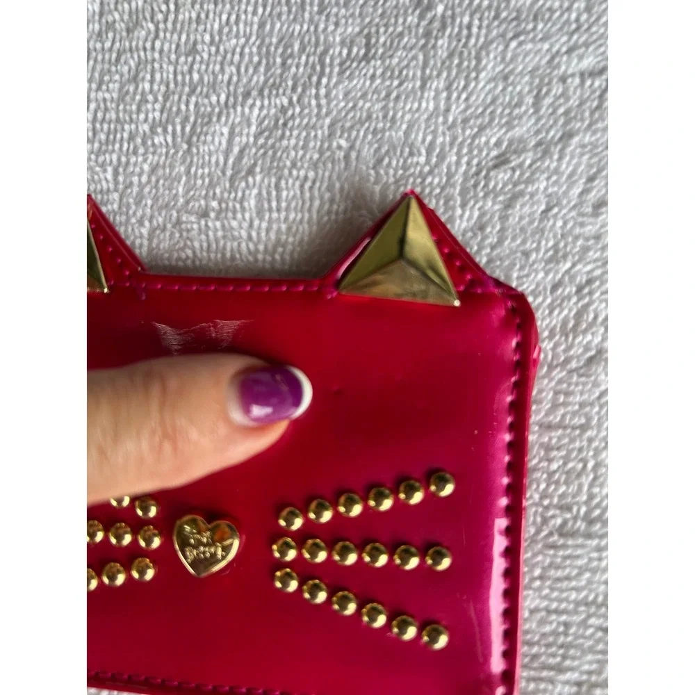 Betsey Johnson Cat Card Holder Hot Pink Studded Faux Patent Leather Y2K Wallet